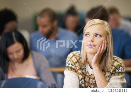 Woman, student and thinking in university lecture hall to prepare, vision and study for exams. Idea, serious and focus on plan for determination, knowledge and information for assessment task Woman, student and thinking in university lecture hall to prepare, vision and study for exams. Idea, serious and focus on plan for determination, knowledge and information for assessment task 139810111