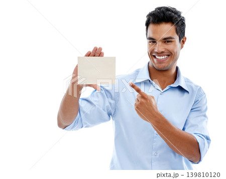 Business card, happy man or hand pointing to mockup in studio for startup, promotion or marketing on white background. Paper, recruitment or agent with we are hiring space, contact us or information Business card, happy man or hand pointing to mockup in studio for startup, promotion or marketing on white background. Paper, recruitment or agent with we are hiring space, contact us or information 139810120