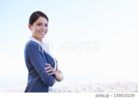 Business, woman and portrait with arms crossed outdoor with happiness, mock up space or professional. Entrepreneur, person and face with smile, confidence and pride in nature, blue sky or urban town Business, woman and portrait with arms crossed outdoor with happiness, mock up space or professional. Entrepreneur, person and face with smile, confidence and pride in nature, blue sky or urban town 139810239