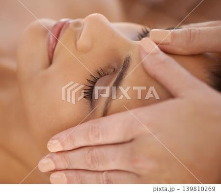 Relax, face and spa with woman, massage and hands with healthy skincare and glowing. Person, customer and clients with facial physical therapy and salon treatment with grooming, smooth and luxury Relax, face and spa with woman, massage and hands with healthy skincare and glowing. Person, customer and clients with facial physical therapy and salon treatment with grooming, smooth and luxury 139810269