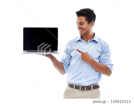 Business man, laptop and point at mockup screen for advertising, ads and info with tech in studio. Software, UX and marketing for web design with presentation or slideshow on white background 139810313
