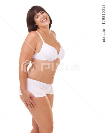 Portrait, health and underwear with natural woman n studio isolated on white background for body positive wellness. Fitness, beauty or aesthetic and plus size model looking confident with exercise 139810315