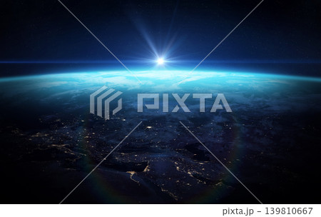 Sunrise view of the planet Earth from space. Earth at night. 139810667