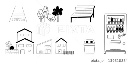 まちの風景_住宅地,公園,横断歩道,緑,ベンチ,自動販売機｜線画 139810884