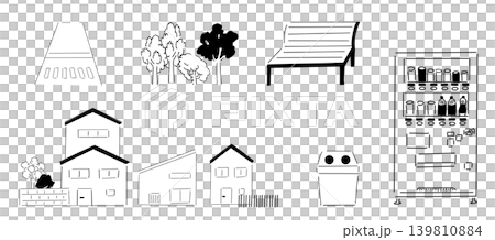 まちの風景_住宅地,公園,横断歩道,緑,ベンチ,自動販売機｜線画 139810884