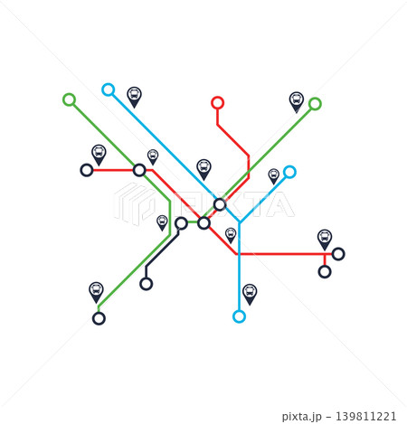 Abstract colorful subway map with location pins transport stations connection Abstract colorful subway map with location pins transport stations connection 139811221