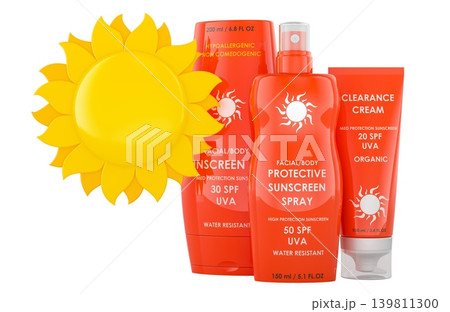 Sunscreen bottles with sun symbol, spf protection skincare concept, 3d rendering Sunscreen bottles with sun symbol, spf protection skincare concept, 3d rendering 139811300