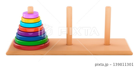 Tower of Hanoi puzzle with colored rings, 3d rendering 139811301