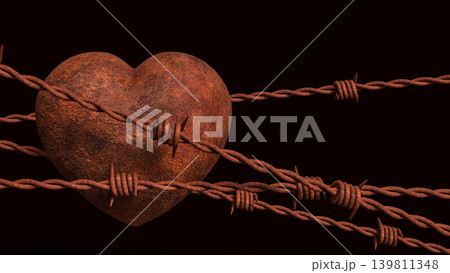 Rusty Heart Behind Barbed Wire 3d render. 139811348