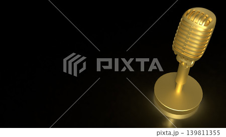 Golden Retro Microphone On Dark Stage 3d render. 139811355