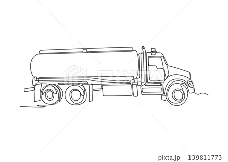 Continuous one line drawing side view of heavy industrial tanker truck. Detailing large cylindrical storage tank, multi axle wheels, driver cabin. Single line draw design vector graphic illustration Continuous one line drawing side view of heavy industrial tanker truck. Detailing large cylindrical storage tank, multi axle wheels, driver cabin. Single line draw design vector graphic illustration 139811773