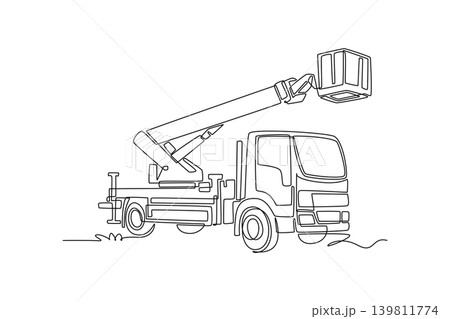 Continuous one line drawing city service cherry picker truck. Its detailed driver cabin and an extended telescopic boom raising square work basket. Single line draw design vector graphic illustration Continuous one line drawing city service cherry picker truck. Its detailed driver cabin and an extended telescopic boom raising square work basket. Single line draw design vector graphic illustration 139811774
