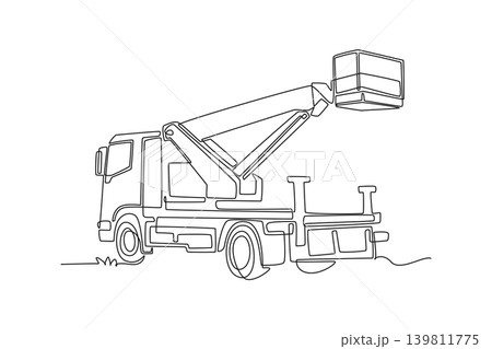 Continuous one line drawing back view of city service boom truck. Driver cabin, rear support bed, hydraulic arm lifting an aerial work basket cage. Single line draw design vector graphic illustration Continuous one line drawing back view of city service boom truck. Driver cabin, rear support bed, hydraulic arm lifting an aerial work basket cage. Single line draw design vector graphic illustration 139811775