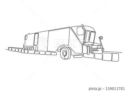 Continuous one line drawing professional ice rink resurfacer machine. Elongated body tank, operator cabin structure, groom conditioning blade unit. Single line draw design vector graphic illustration 139811781