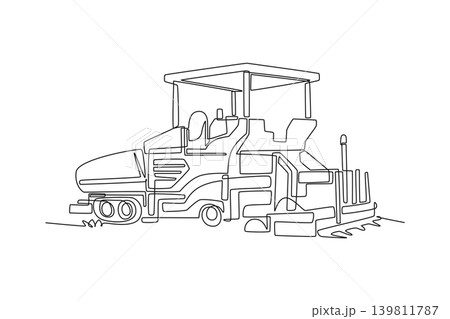 Single continuous line drawing industrial road paving machine, outlining heavy material distributor, main processing body, open canopy operator deck. One line draw graphic design vector illustration Single continuous line drawing industrial road paving machine, outlining heavy material distributor, main processing body, open canopy operator deck. One line draw graphic design vector illustration 139811787