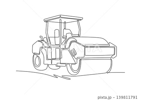 Single one line drawing industrial road roller vehicle, detailing open canopy cabin, large steel front drum, and heavy rear wheel tires. Modern continuous line draw design graphic vector illustration Single one line drawing industrial road roller vehicle, detailing open canopy cabin, large steel front drum, and heavy rear wheel tires. Modern continuous line draw design graphic vector illustration 139811791