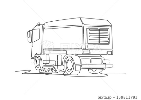 Single one line drawing back view of large street sweeper truck, showing massive storage compartment, ventilation grille, side sweeping brushes. Continuous line draw design graphic vector illustration Single one line drawing back view of large street sweeper truck, showing massive storage compartment, ventilation grille, side sweeping brushes. Continuous line draw design graphic vector illustration 139811793