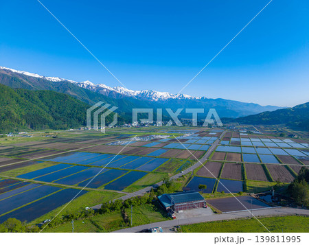 【ドローン空撮】初夏の白馬村・新緑と水鏡の風景【長野県】 139811995