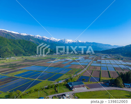 【ドローン空撮】初夏の白馬村・新緑と水鏡の風景【長野県】 139812003