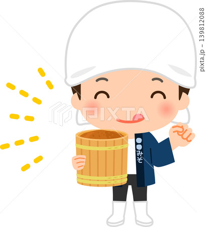 味噌樽を持ってガッツポーズをとる職人、手前味噌 味噌樽を持ってガッツポーズをとる職人、手前味噌 139812088