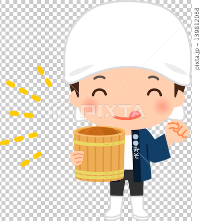 味噌樽を持ってガッツポーズをとる職人、手前味噌 味噌樽を持ってガッツポーズをとる職人、手前味噌 139812088
