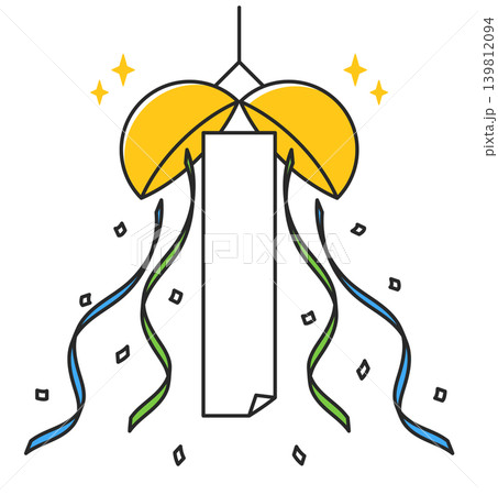 割れたくす玉と紙吹雪と垂れ幕のイラスト 139812094