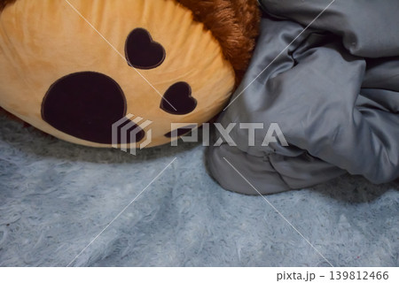 Soft plush pillow heart pattern beside blanket on fluffy rug creating cozy comfort warmth relaxation bedtime atmosphere Soft plush pillow heart pattern beside blanket on fluffy rug creating cozy comfort warmth relaxation bedtime atmosphere 139812466