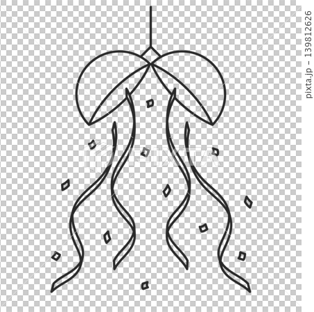 Black and white line drawing illustration of a broken kusudama (decorative ball) and confetti. 139812626