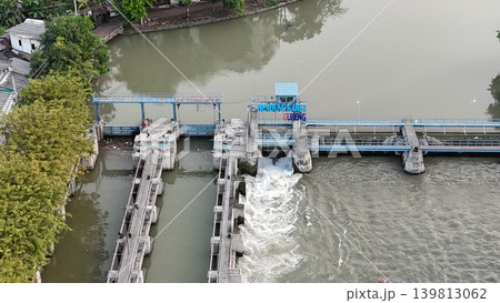 aerial view shows a river dam and water control management system aerial view shows a river dam and water control management system 139813062
