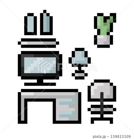 Pixel art 8 bit style. Set of Furniture, Chair, Table and elements in working room 139813109