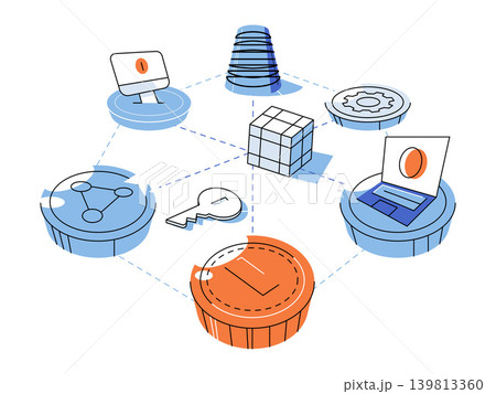Digital network connecting computer icons and cryptocurrency coins vector illustration. Blockchain, fintech, data security, finance, crypto, connectivity. Electronic ecosystem linking hardware 139813360