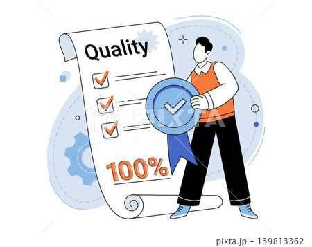 Man holding a quality seal next to a checklist vector illustration. Quality assurance, certification, compliance, excellence, satisfaction, verification. Person with medal and report 139813362