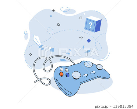 Blue gamepad with a cord and gaming icons vector illustration. Video games, entertainment, esports, digital hobby, virtual adventure, competition. Gaming controller with joystick and buttons Blue gamepad with a cord and gaming icons vector illustration. Video games, entertainment, esports, digital hobby, virtual adventure, competition. Gaming controller with joystick and buttons 139813384