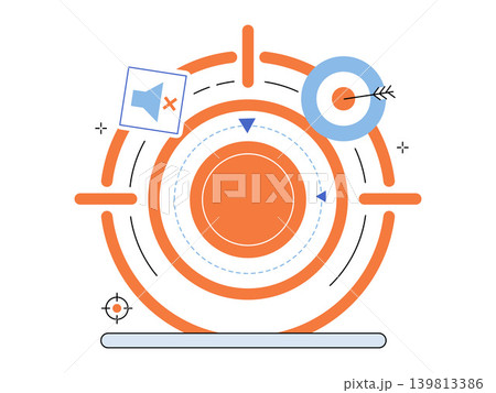 Target with mute icon and arrow hitting bullseye vector illustration. Marketing strategy, noise reduction, focus, goal achievement, precision, digital advertising. Bullseye with silent speaker 139813386