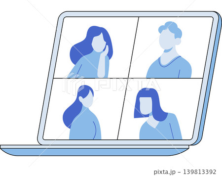 People having a video conference on a laptop screen vector illustration. Remote work, digital education, team collaboration, virtual meeting, telecommuting, webinar. Users on computer display 139813392
