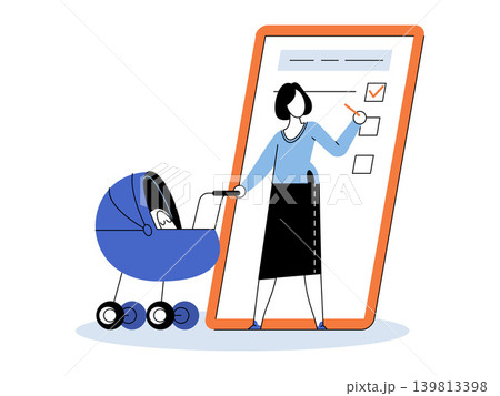 Woman with baby stroller marking a checklist on a phone vector illustration. Parenting, mobile apps, task organization, motherhood, digital services, balance. Mother with pram using a to do list 139813398