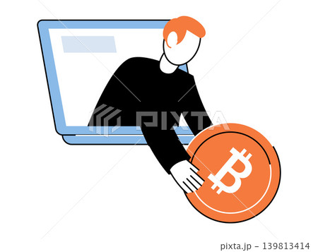 Man emerges from laptop holding bitcoin vector illustration. Crypto trading, digital finance, online earning, blockchain, fintech, investment. Person coming out of screen with coin 139813414