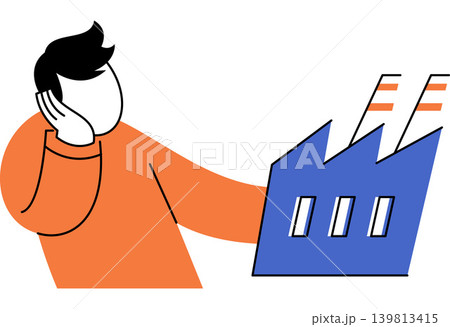 Man looking at a factory vector illustration. Industrial management, economic crisis, business planning, manufacturing future, production costs, environmental impact. Male worker observing plant Man looking at a factory vector illustration. Industrial management, economic crisis, business planning, manufacturing future, production costs, environmental impact. Male worker observing plant 139813415