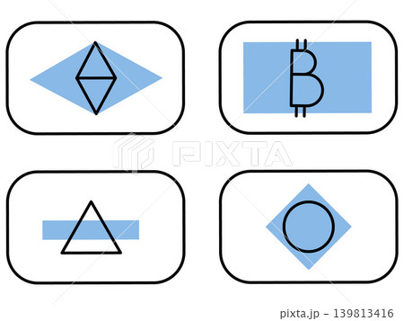 Four minimalist cryptocurrency and blockchain icons vector illustration. Digital finance, fintech, crypto trading, web3, virtual assets, banking. Set of financial tokens and electronic money signs 139813416