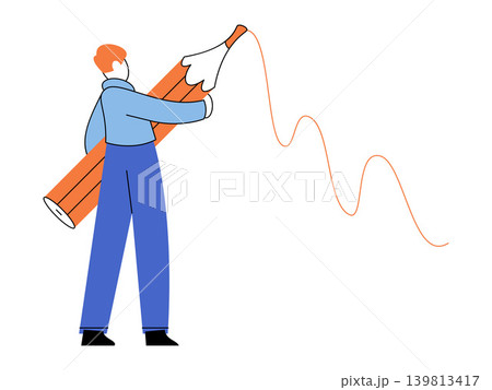 Man holding a giant pencil drawing a wavy line vector illustration. Creativity, graphic design, project planning, art, content creation, education. Male artist sketching with a large writing tool 139813417