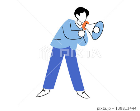 Man shouting into a megaphone vector illustration. Marketing strategy, public announcement, social protest, leadership, news alert, business promotion. Male person using a bullhorn 139813444