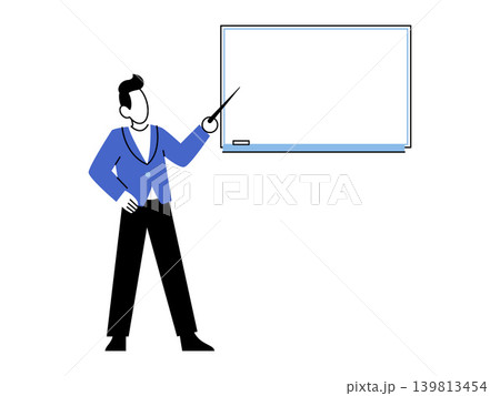 Man pointing at a blank whiteboard vector illustration. Business presentation, corporate training, education, marketing strategy, office meeting, project planning. Teacher gesturing to board Man pointing at a blank whiteboard vector illustration. Business presentation, corporate training, education, marketing strategy, office meeting, project planning. Teacher gesturing to board 139813454