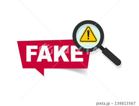 Magnifying glass inspecting red fake speech bubble stock illustration. Magnifying glass inspecting red fake speech bubble stock illustration. 139813567