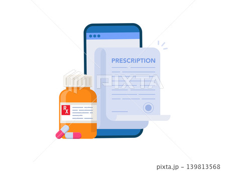 Online medical prescription with pills and smartphone stock illustration. Online medical prescription with pills and smartphone stock illustration. 139813568
