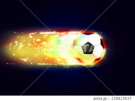 炎を噴射して高速で飛ぶサッカーボールのエネルギッシュなスポーツ背景素材 139813637