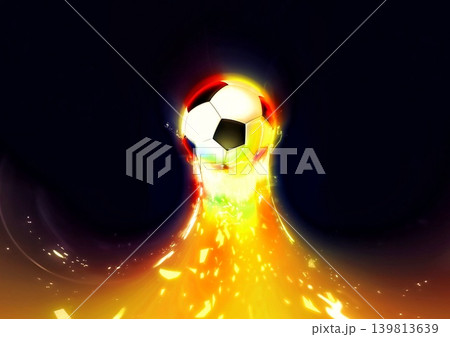 炎を噴射して高速で飛ぶサッカーボールのエネルギッシュなスポーツ背景素材 139813639
