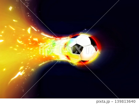炎を噴射して高速で飛ぶサッカーボールのエネルギッシュなスポーツ背景素材 139813640