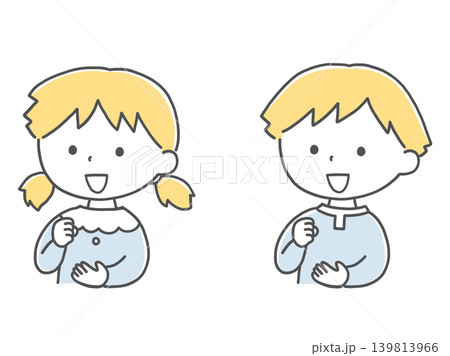納得して手を打つ男の子と女の子単色 納得して手を打つ男の子と女の子単色 139813966