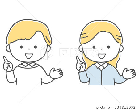 指さししながら説明する男の子と女の子単色 指さししながら説明する男の子と女の子単色 139813972