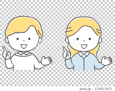 指さししながら説明する男の子と女の子単色 指さししながら説明する男の子と女の子単色 139813972